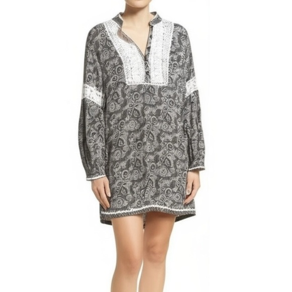 Free People Tunic Mini Dress Size 10 Black Beige Paisley Lace Trim Bohemian - Picture 1 of 14